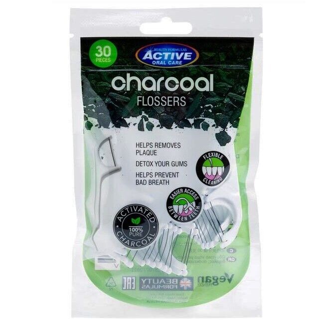 2x Beauty Formulas Charcoal Infused Black Dental Flossers, 30 picks x2 packs galaxy health tooth floss