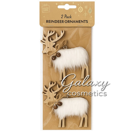 2 Pack Wooden Reindeer Ornaments Rustic Faux Fur Christmas Tree Hanging Decor White Christmas seasonal