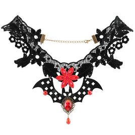 BLACK Lace Choker Red Gems Necklace Gothic Victorian Vampire Bat Witch Halloween