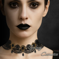 BLACK Lace Choker with Gems Necklace Gothic Victorian Vampire Witch Halloween