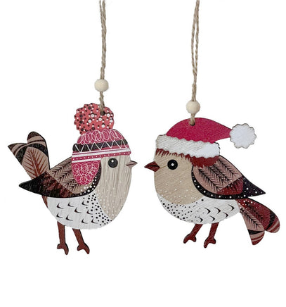 Traditional Wooden Robin Decoration Hanging Christmas Tree Ornament - 2 pack Christmas seasonal