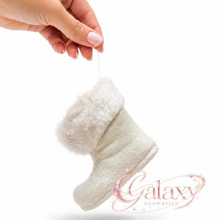 White Glitter & Fur Santa's Boot Christmas Tree Hanging Decoration, 10cm Christmas seasonal