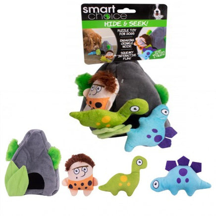Smart Choice Hide & Seek Dog Puppy Plush Toy Sniff Treat Puzzle Squeak Crinkle Cave with caveman & dinosaurs pets Pets Shop tiny
