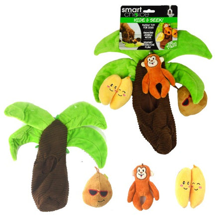 Smart Choice Hide & Seek Dog Puppy Plush Toy Sniff Treat Puzzle Squeak Crinkle Palm tree with banana monkey & coconut pets Pets Shop tiny