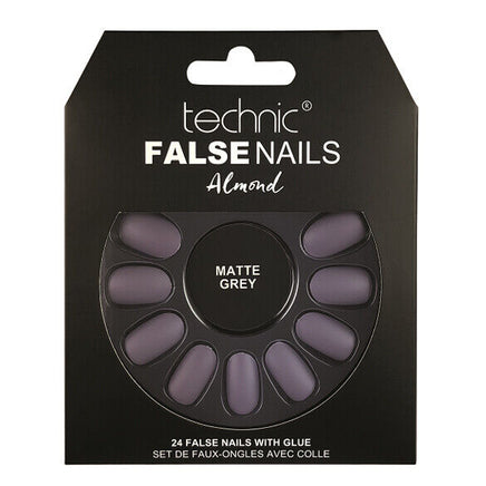 Technic False Nails Tips Full Coverage Set of 24 + Glue Matte Grey Almond false nails galaxy nails