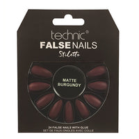 Technic False Nails Tips Full Coverage Set of 24 + Glue Matte Burgundy Stiletto false nails nails
