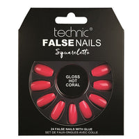 Technic False Nails Tips Full Coverage Set of 24 + Glue Gloss Hot Coral Squareletto false nails galaxy nails