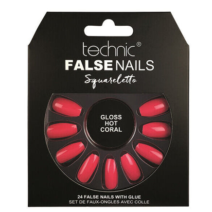 Technic False Nails Tips Full Coverage Set of 24 + Glue Gloss Hot Coral Squareletto false nails galaxy nails