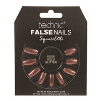 Technic False Nails Tips Full Coverage Set of 24 + Glue Rose Gold Glitter Squareletto false nails galaxy nails