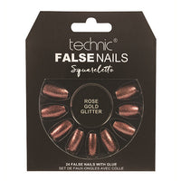 Technic False Nails Tips Full Coverage Set of 24 + Glue Rose Gold Glitter Squareletto false nails nails