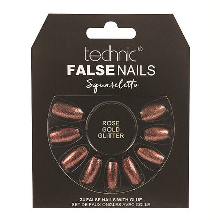 Technic False Nails Tips Full Coverage Set of 24 + Glue Rose Gold Glitter Squareletto false nails galaxy nails