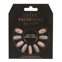 Technic False Nails Tips Full Coverage Set of 24 + Glue Nude Pink Embellished Squareletto false nails galaxy nails