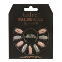 Technic False Nails Tips Full Coverage Set of 24 + Glue Nude Pink Embellished Squareletto false nails nails