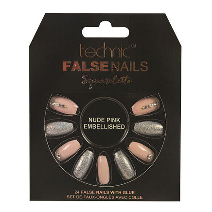 Technic False Nails Tips Full Coverage Set of 24 + Glue Nude Pink Embellished Squareletto false nails galaxy nails