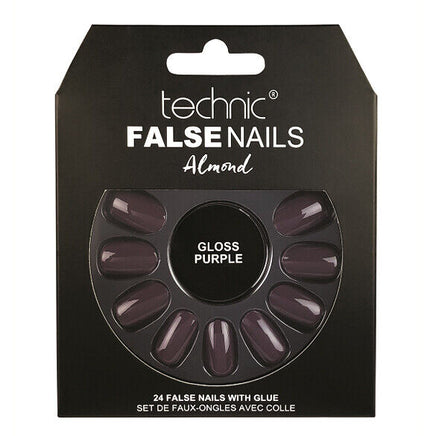 Technic False Nails Tips Full Coverage Set of 24 + Glue Gloss Purple Almond false nails galaxy nails