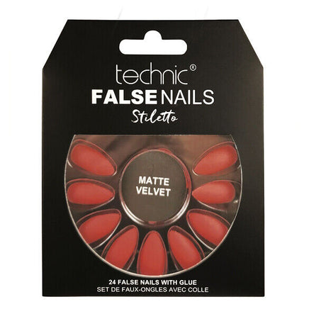Technic False Nails Tips Full Coverage Set of 24 + Glue Red Matte Velvet false nails galaxy nails