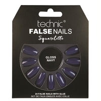 Technic False Nails Tips Full Coverage Set of 24 + Glue Gloss Navy Squareletto false nails galaxy nails