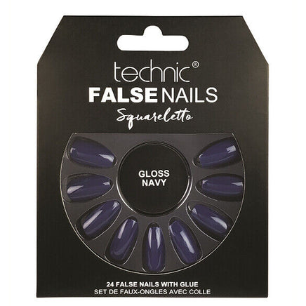Technic False Nails Tips Full Coverage Set of 24 + Glue Gloss Navy Squareletto false nails galaxy nails