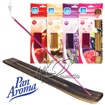 Pan Aroma 40 Incense Sticks and Wooden Holder Burner Ash Catcher Set candles