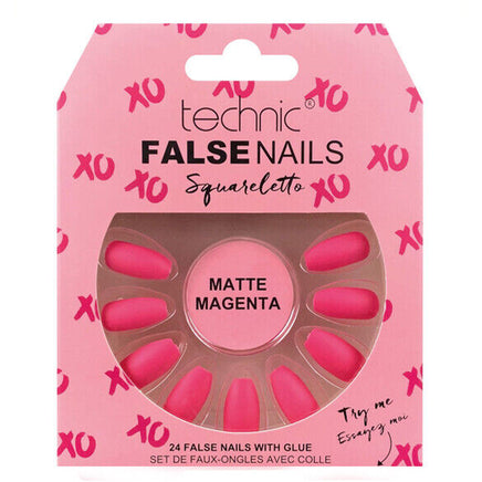 Technic False Nails Tips Full Coverage Set of 24 + Glue Matte Magenta Squareletto false nails galaxy nails
