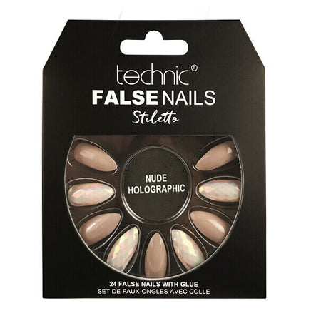Technic False Nails Tips Full Coverage Set of 24 + Glue Nude Holographic false nails galaxy nails