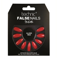 Technic False Nails Tips Full Coverage Set of 24 + Glue Gloss Red Stiletto false nails nails