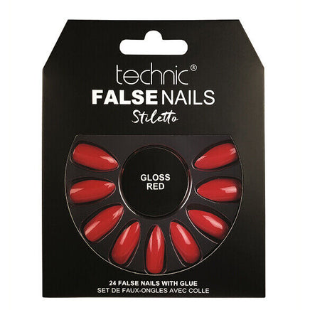 Technic False Nails Tips Full Coverage Set of 24 + Glue Gloss Red Stiletto false nails galaxy nails