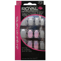 Royal Full Coverage False Nail Artificial Tips + 3g Glue Set of 24 Dream Girl - grey & pink glitter false nails galaxy nails