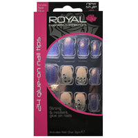 Royal Full Coverage False Nail Artificial Tips + 3g Glue Set of 24 Enchanted - beige & purple with glitter & crystals false nails galaxy nails