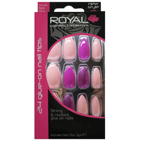 Royal Full Coverage False Nail Artificial Tips + 3g Glue Set of 24 Fanciful Stiletto - pink with glitter false nails nails