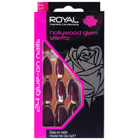 Royal Full Coverage False Nail Artificial Tips + 3g Glue Set of 24 Hollywood Glam - red wine with gold false nails nails