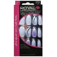 Royal Full Coverage False Nail Artificial Tips + 3g Glue Set of 24 Make a Wish Stiletto - grey with lilac glitter false nails galaxy nails