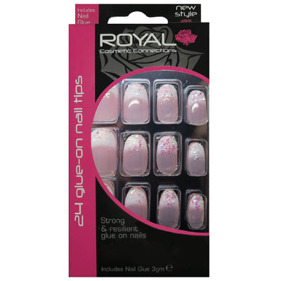 Royal Full Coverage False Nail Artificial Tips + 3g Glue Set of 24 Radiance Stiletto - nude pink with glitter flakes false nails galaxy nails